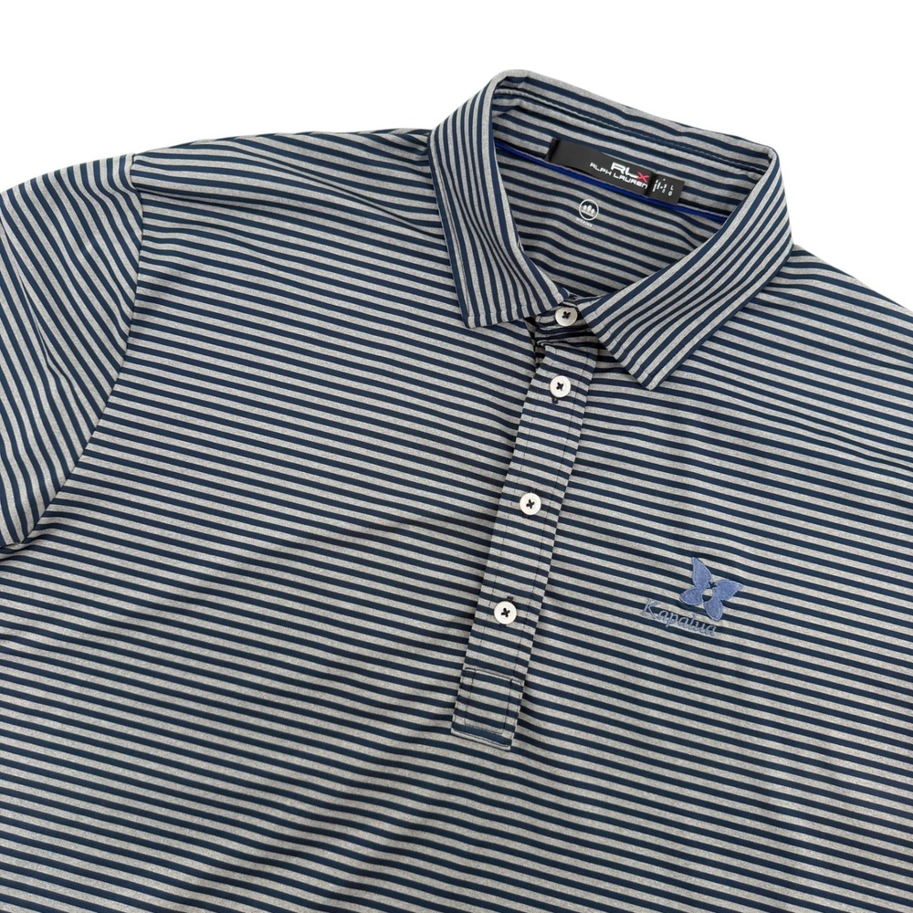 RLX Ralph Lauren Kapalua Golf Polo Shirt Mens Large L Navy Grey Striped Wicking